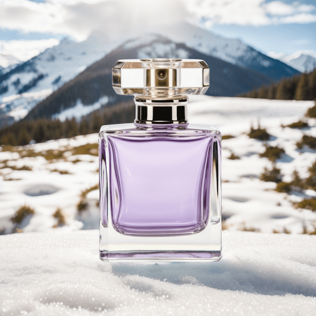 Perfume bottle over the snow in a rocky mountain by sunrise. Image generated by AI.