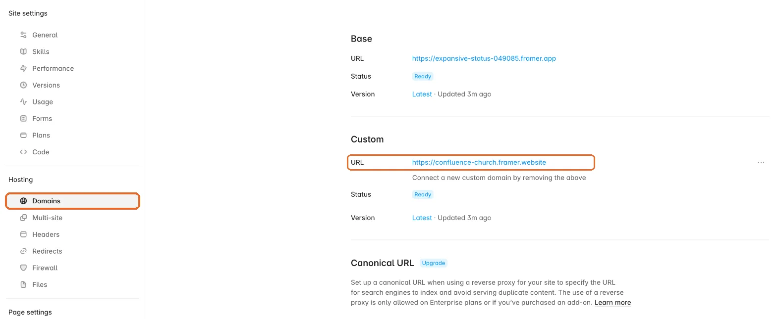 Framer Settings, Domains section