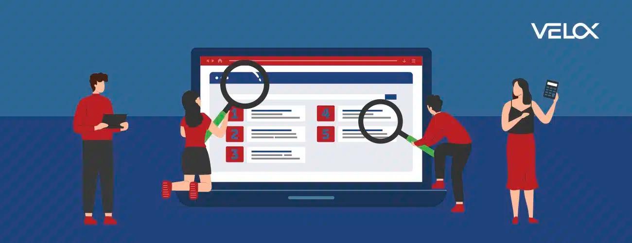 Characters surrounding a laptop screen with magnifying glasses looking at the top 5 keyword rankings