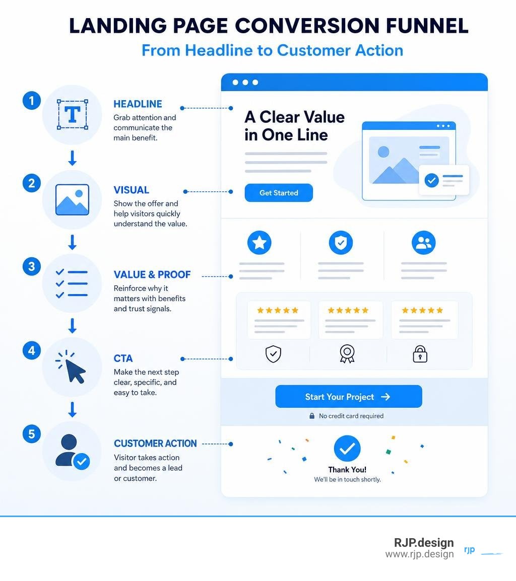 Landing page conversion funnel from headline to CTA and customer action infographic
