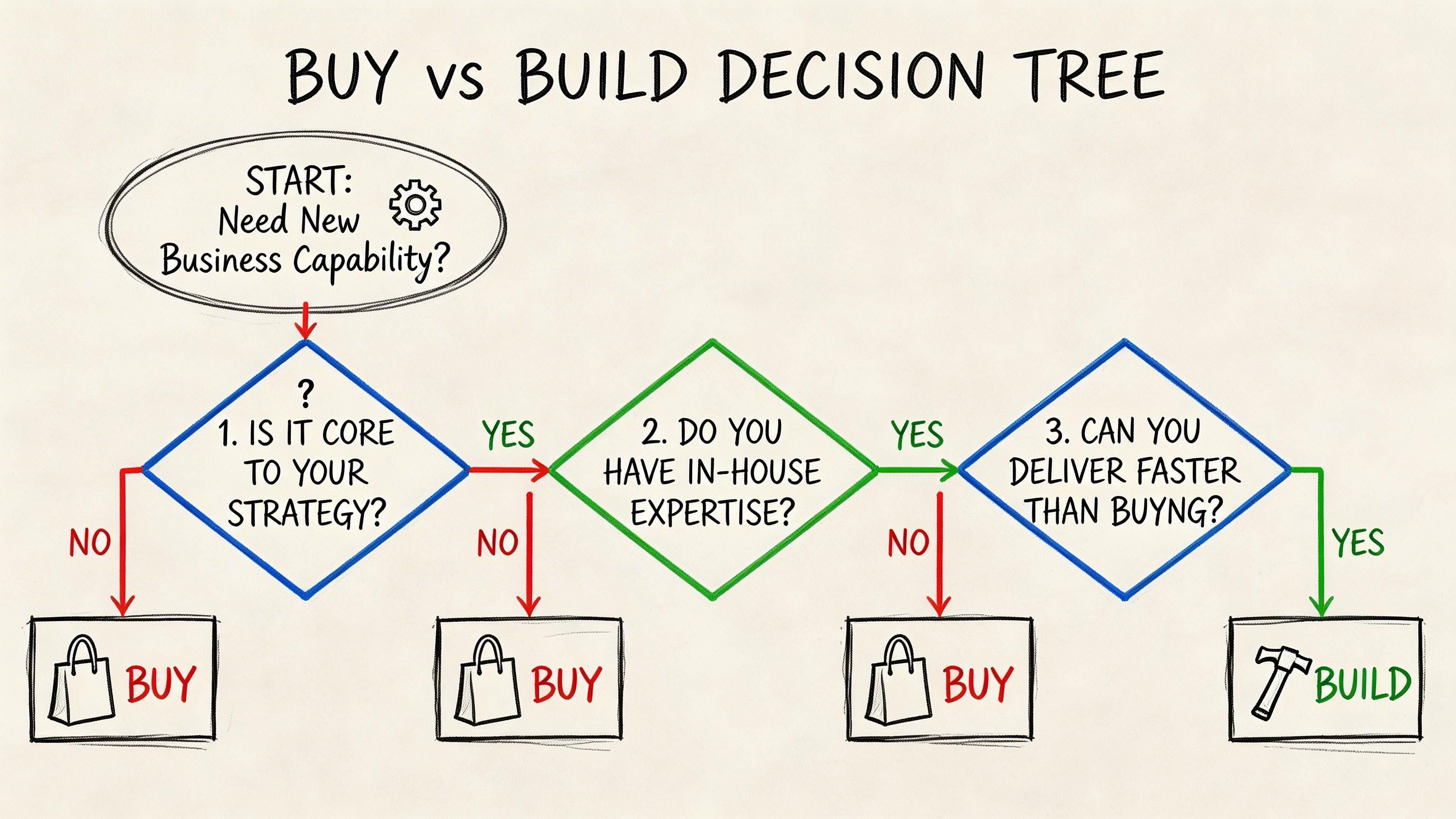 A decision tree diagram illustrating the process for choosing whether to buy or build a business capability.