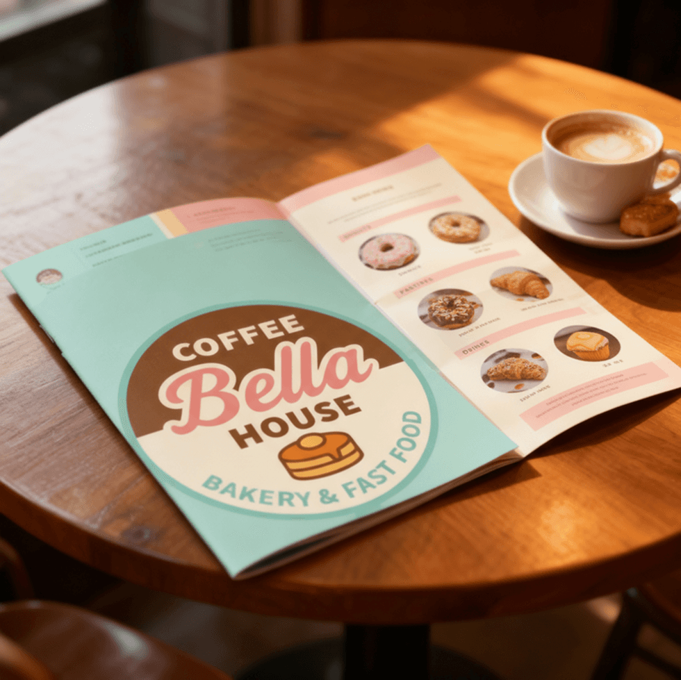 Mockup of Coffe Bella House logo applied on restaurant menu cover
