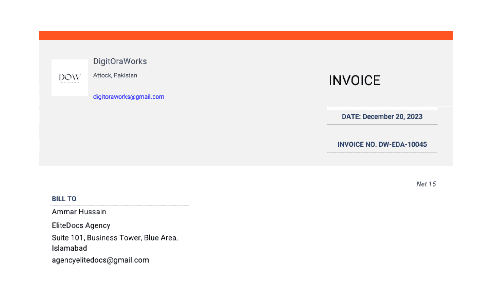 Project invoice created for EliteDocs Agency by DigitOraWorks