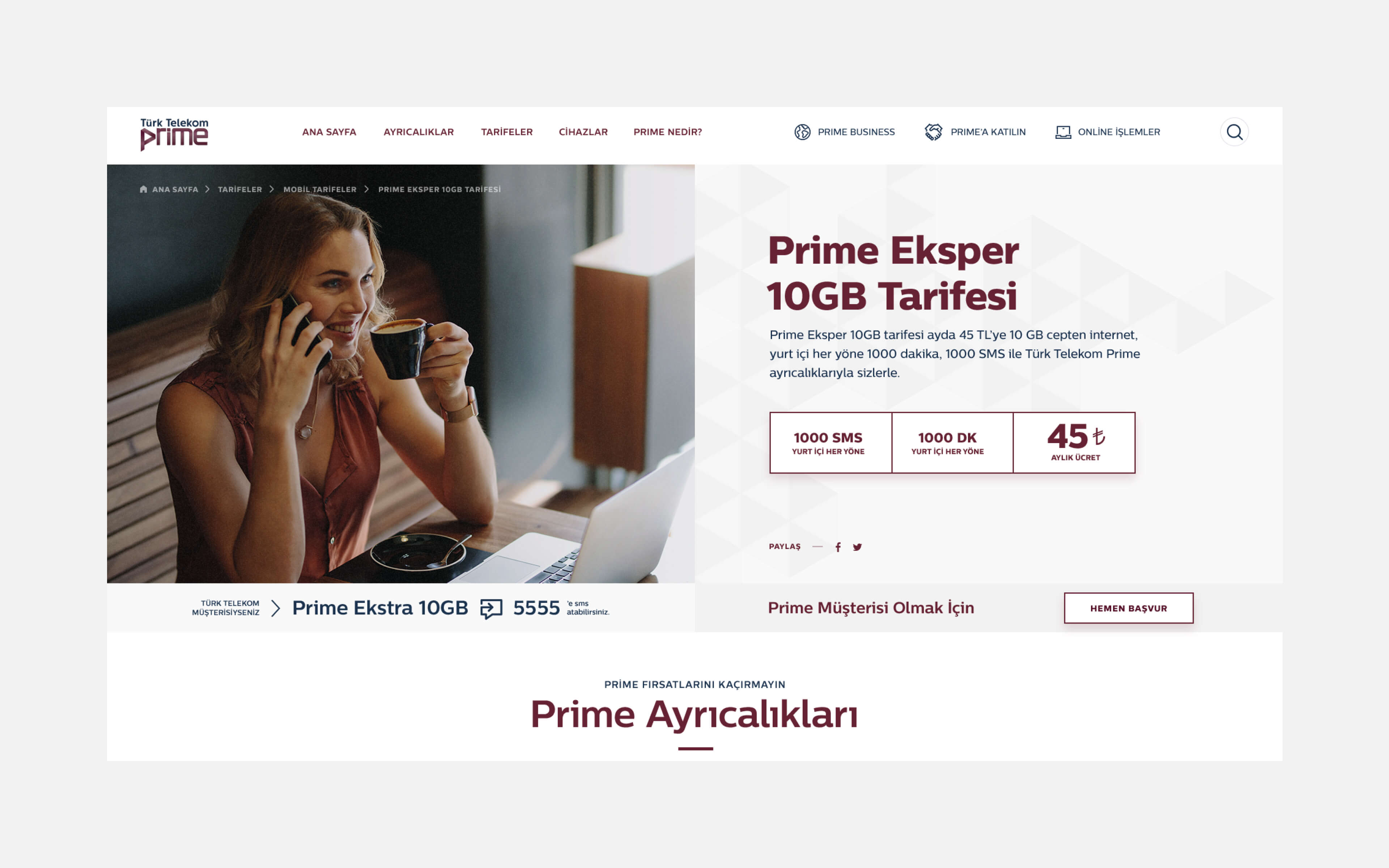Young woman smiling and talking on phone in cozy café, promoting Turk Telekom Prime Eksper 10GB plan with 1000 SMS, 1000 minutes, and 45 TL monthly fee.