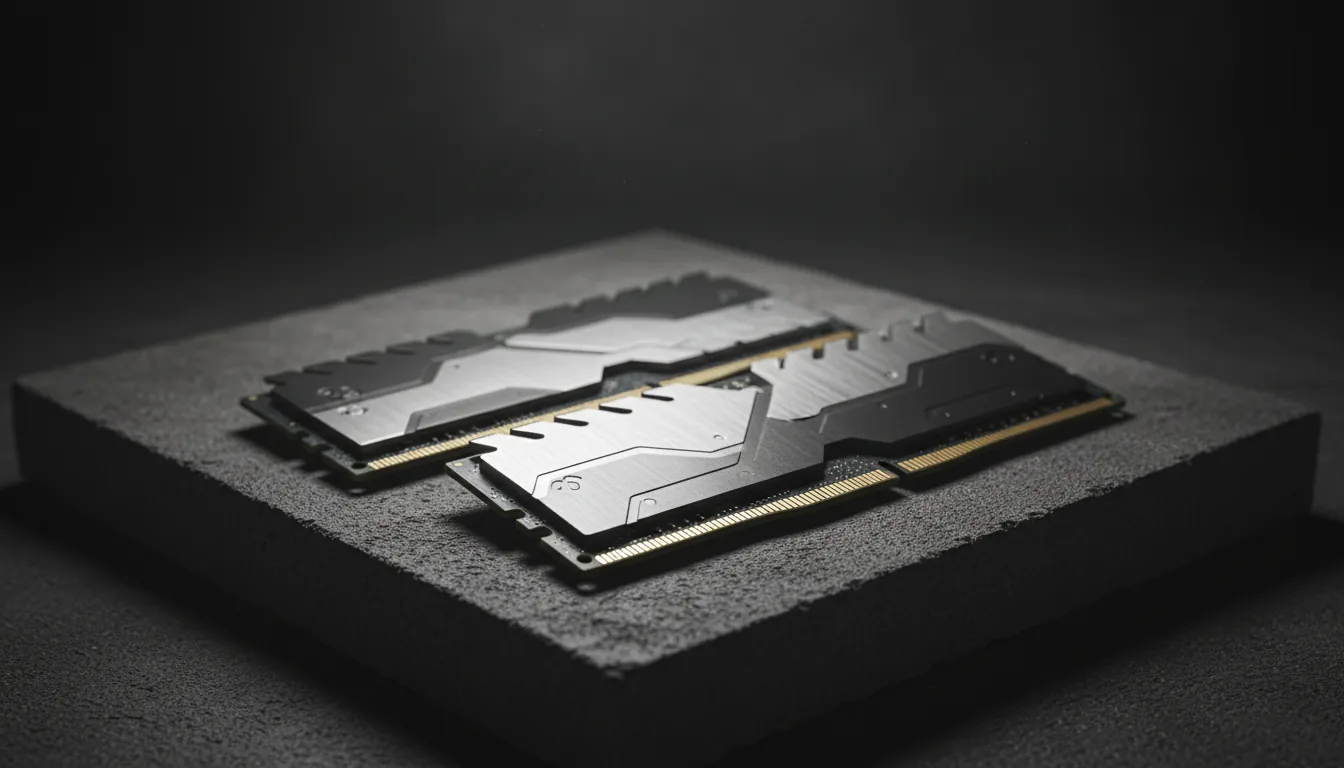 DSLR product photography of two high-performance computer RAM sticks, featuring sleek, angular heat spreaders with a geometric design of brushed silver and matte black metal. The RAM modules are lying on a dark, textured concrete surface at a slight angle. Cinematic contrast with dramatic soft studio lighting highlights the metallic textures and creates deep shadows. The background is dark and moody, fading to black with a subtle haze effect. Shallow depth of field with sharp focus on the gold contact pins of the foreground stick.