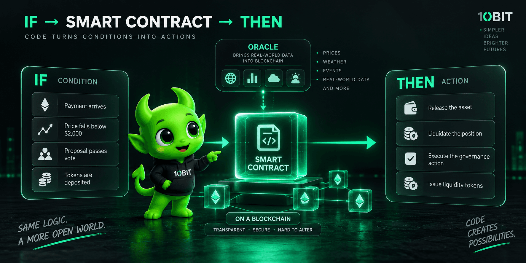 Diagram showing how smart contracts work using IF condition THEN action logic with oracle feeding external data into the blockchain