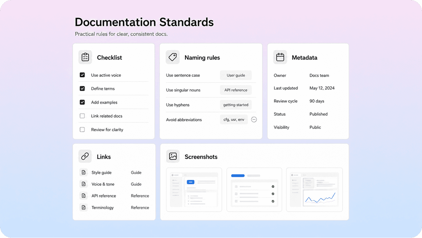 Simplified Helpview-style interface showing an article preview beside a documentation standards checklist.
