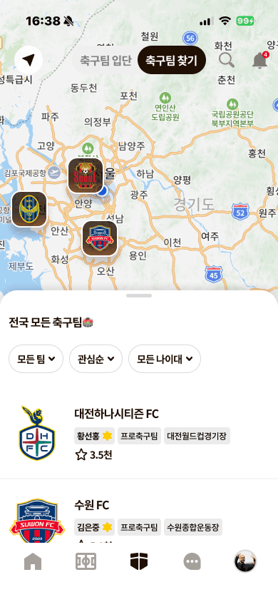 축구팀 찾기 지도 — 전국 클럽 위치 핀과 팀 리스트