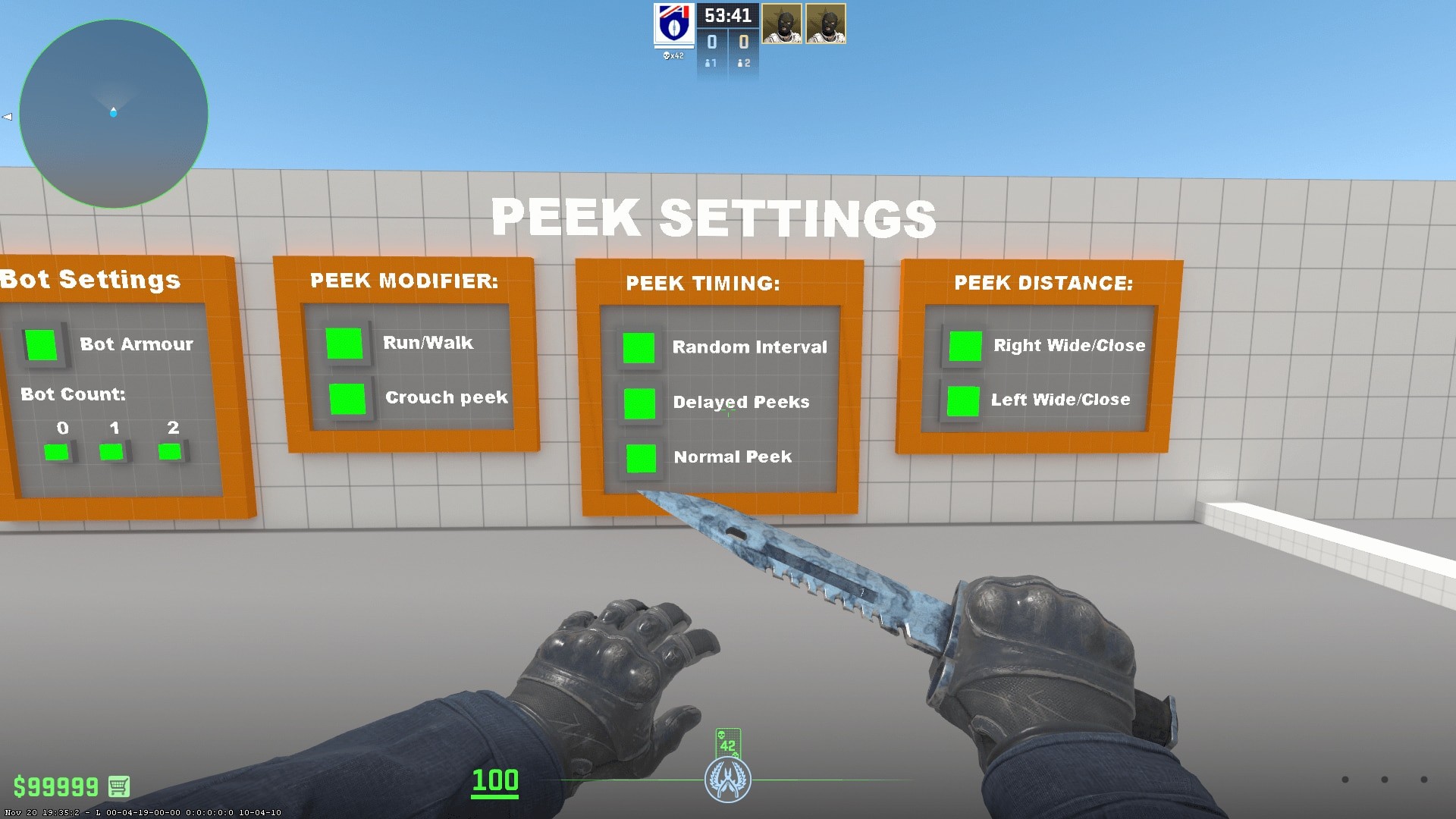 Angle Hold Trainer map in CS2 with a bot peeking an angle for CT side practice