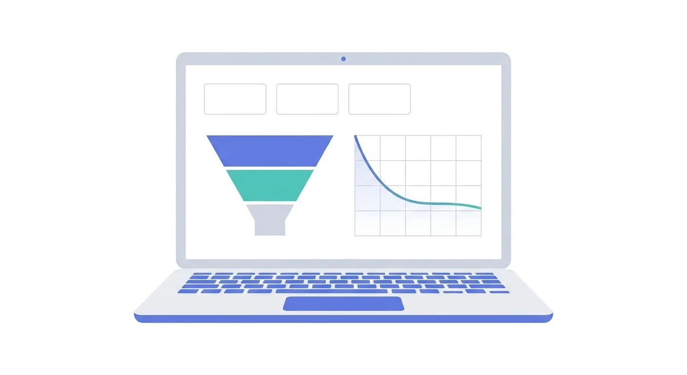 Illustration of a laptop showing an MVP analytics dashboard with an activation funnel and a retention curve