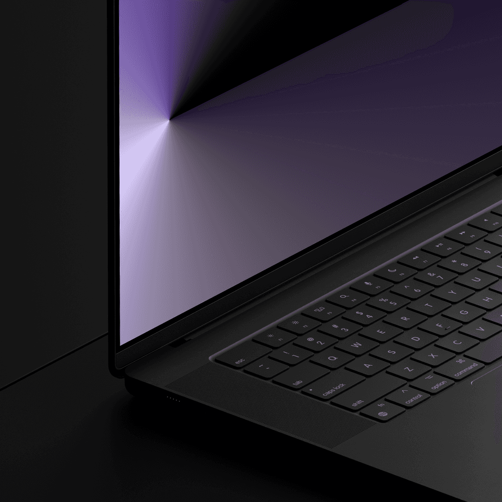 MacBook Pro product rendering with purple radial gradient on screen, by Michael Novia at MetaLab