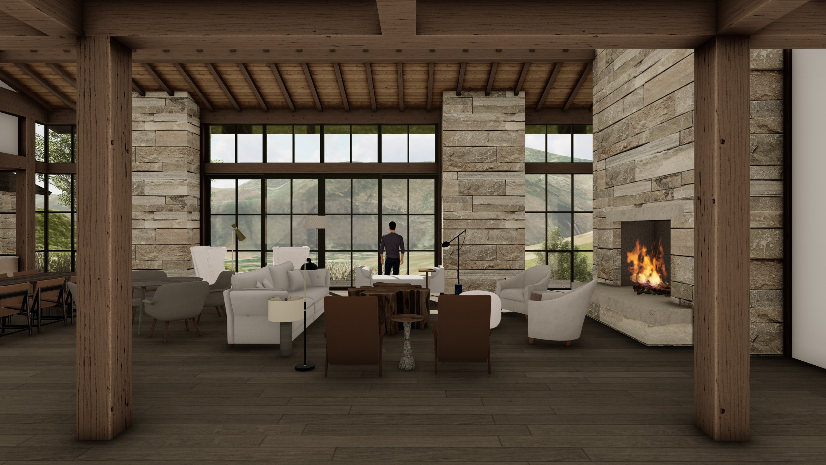 A contemporary home great room featuring heavy wooden beams, stone pillars, large windows with a mountain view, a fireplace.