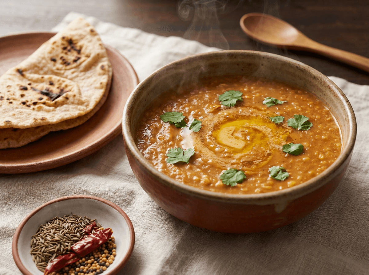 Steaming red lentil dal with ghee and cilantro, a plant-based protein food