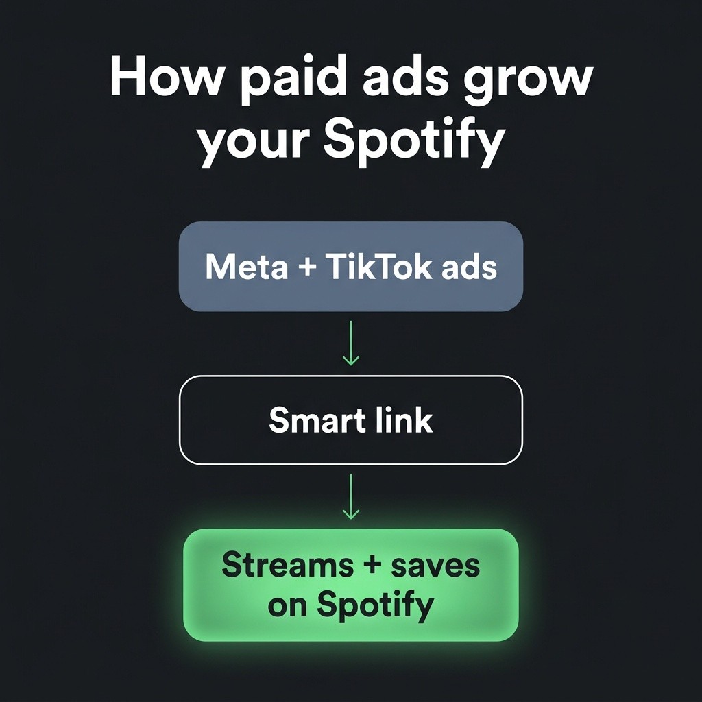 A flow diagram showing paid Meta and TikTok ads leading through a smart link to streams and saves on Spotify