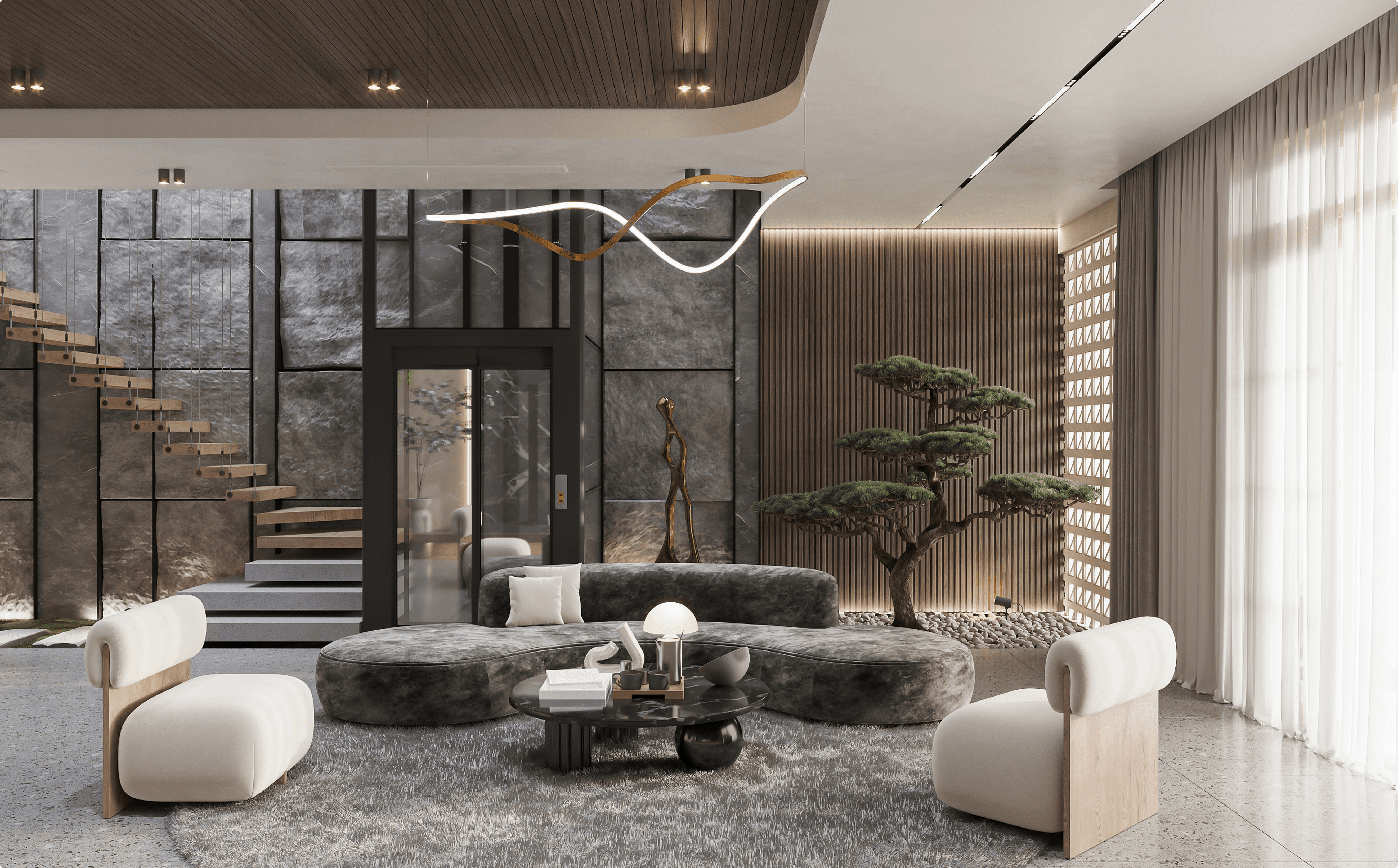 Modern living room with large windows, minimalist furniture, and natural light accentuating a cozy atmosphere.
