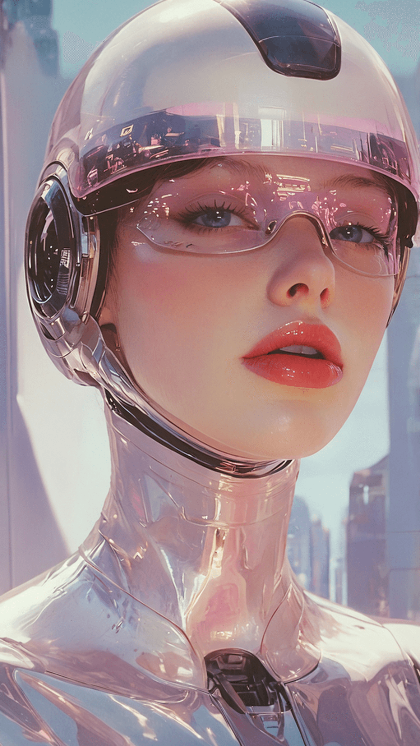 Futuristic portrait of a woman with glossy skin and transparent helmet against a soft pastel sky
