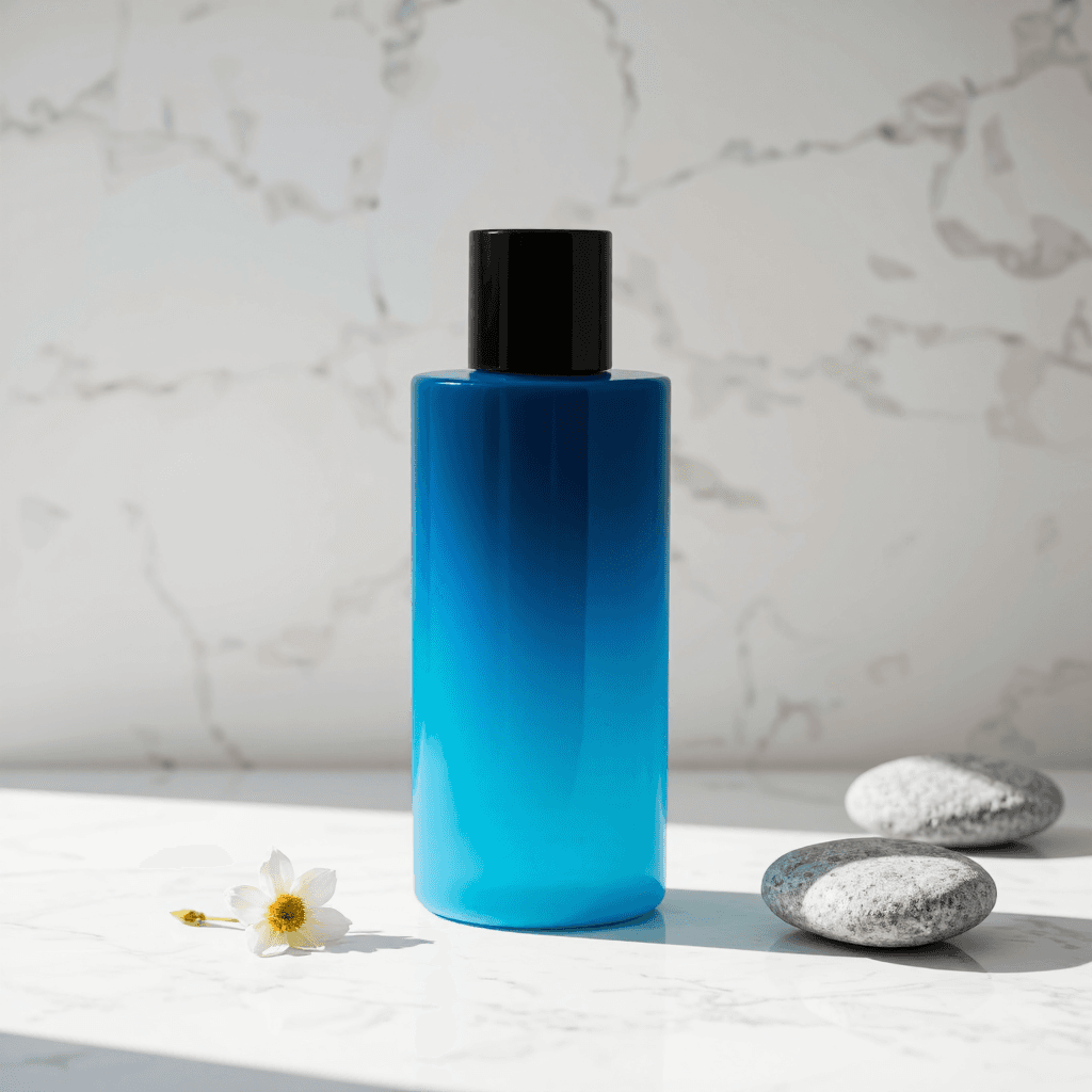 product photography of a bottle of liquid product, likely for personal care or cosmetics