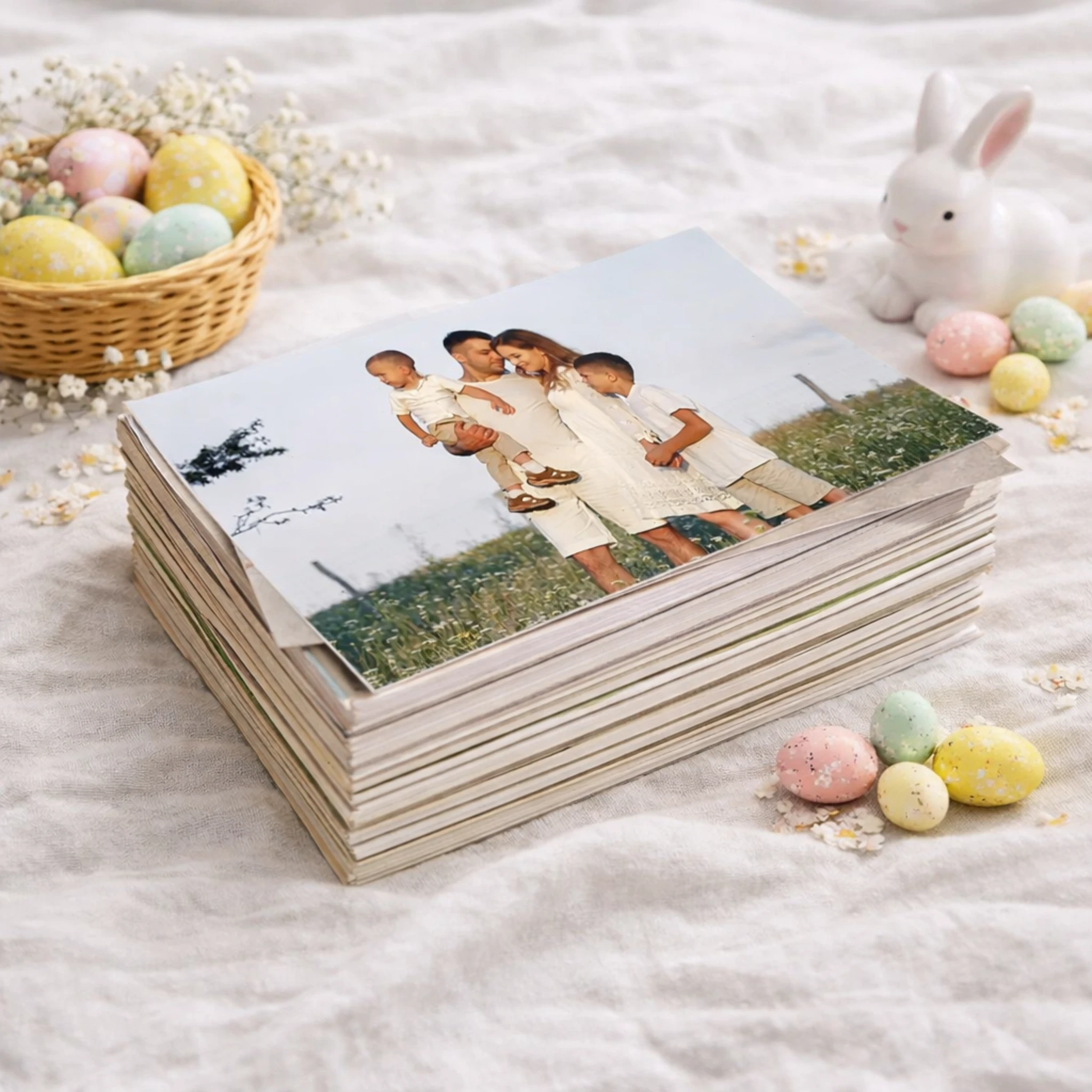 Pessoa segurando Fotolivro com foto em preto e branco de mãe beijando o filho recém-nascido, com o nome Pedro Henrique escrito na imagem