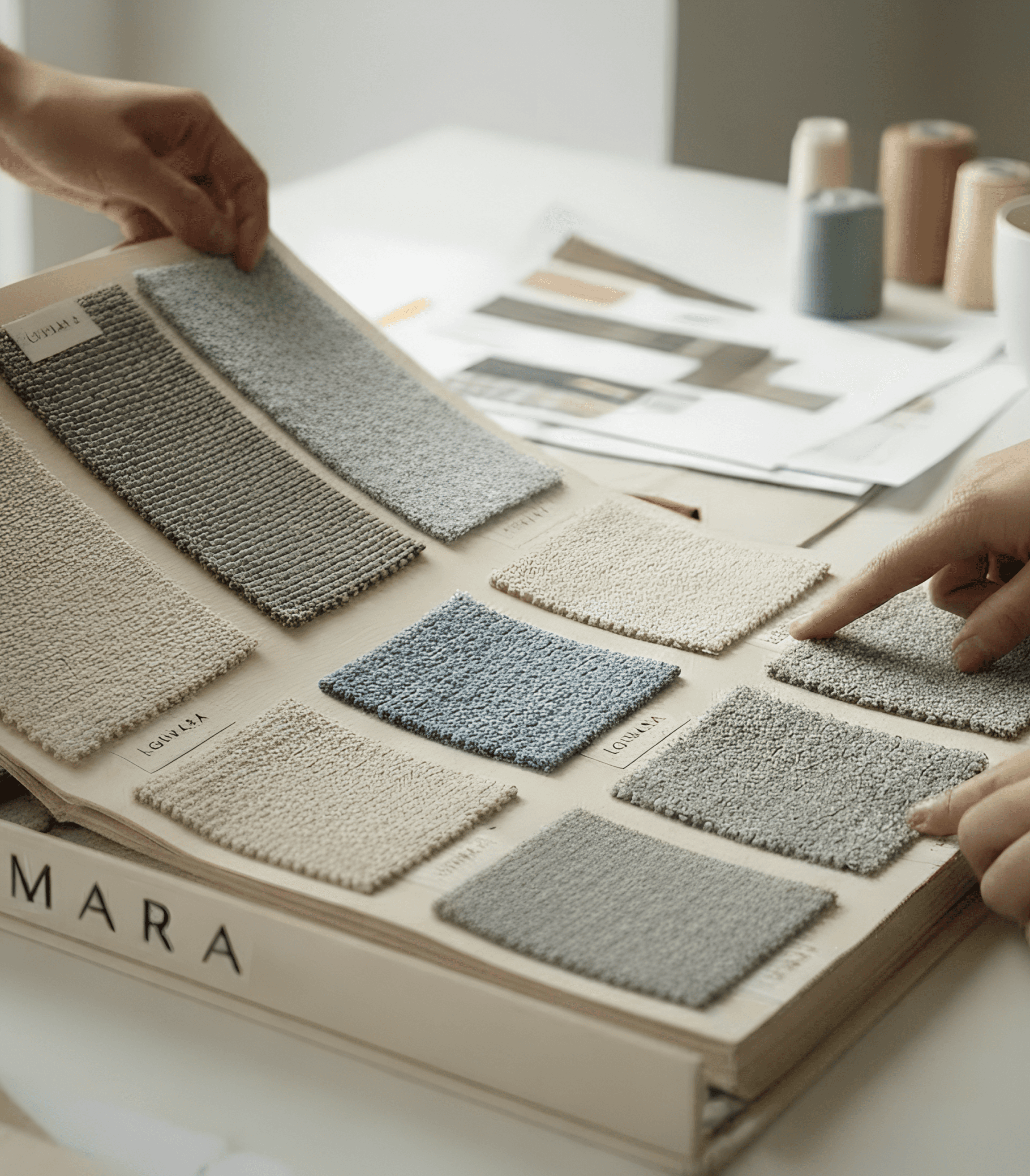 Hands selecting and browsing swatches from a Loomara sample box, emphasizing tactile quality selection process.