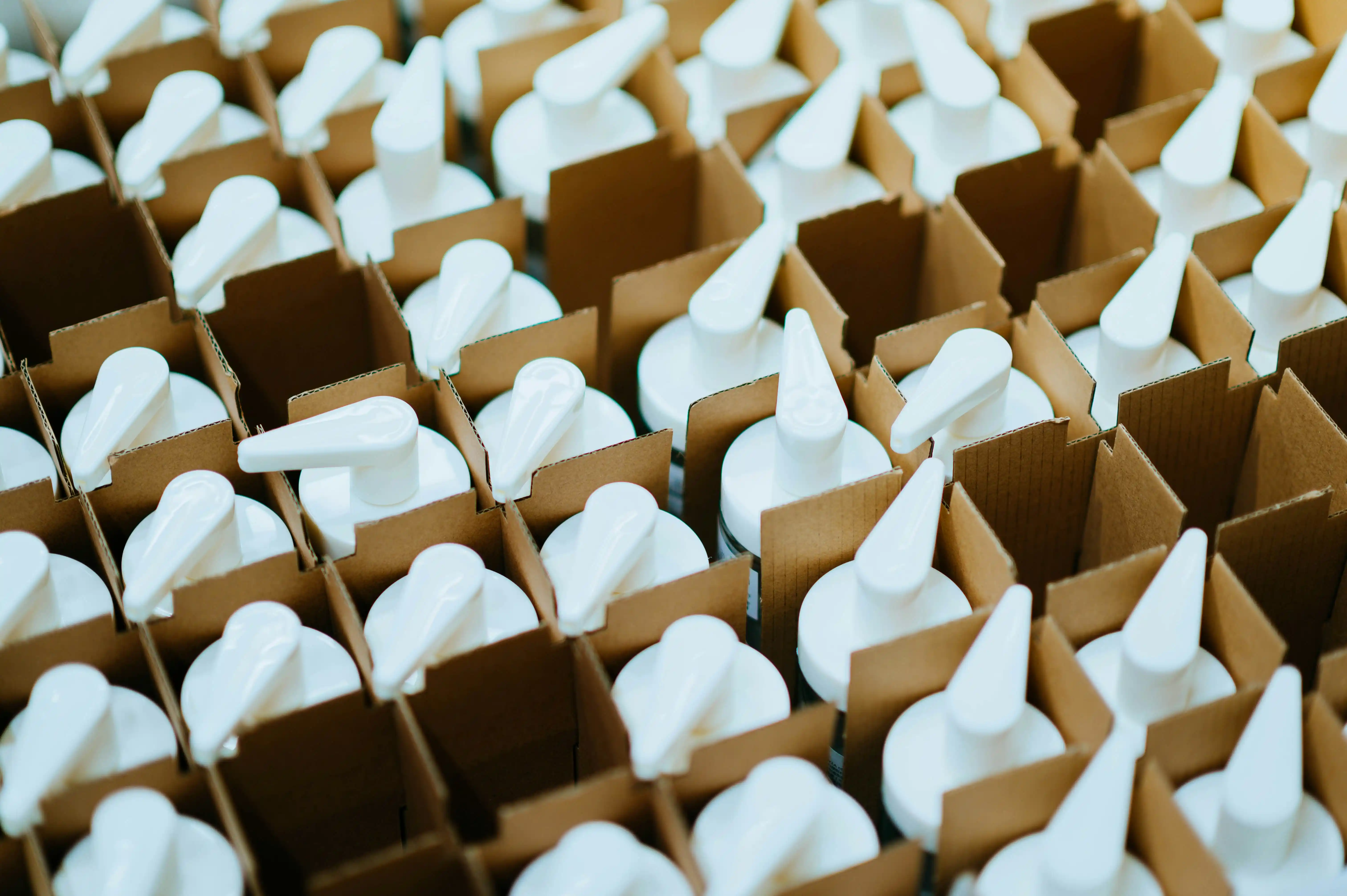 a close-up of products being packaged into cardboard boxes