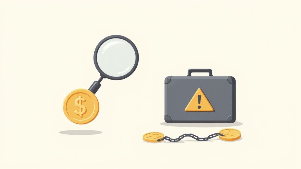 A magnifying glass over a dollar coin, a warning briefcase, and two chained coins.