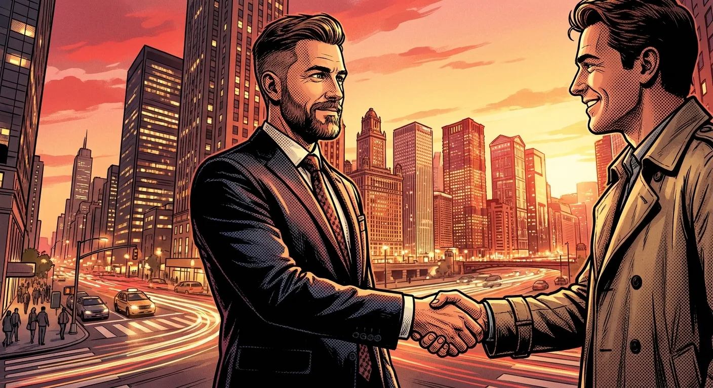 Businessmen handshake at sunset in cityscape, RockN' Socials Digital Marketing Agency.