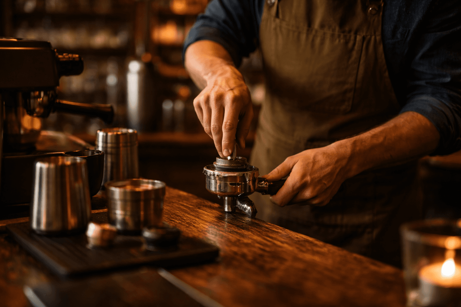 Barista’s hands preparing espresso using a portafilter at a coffee bar.