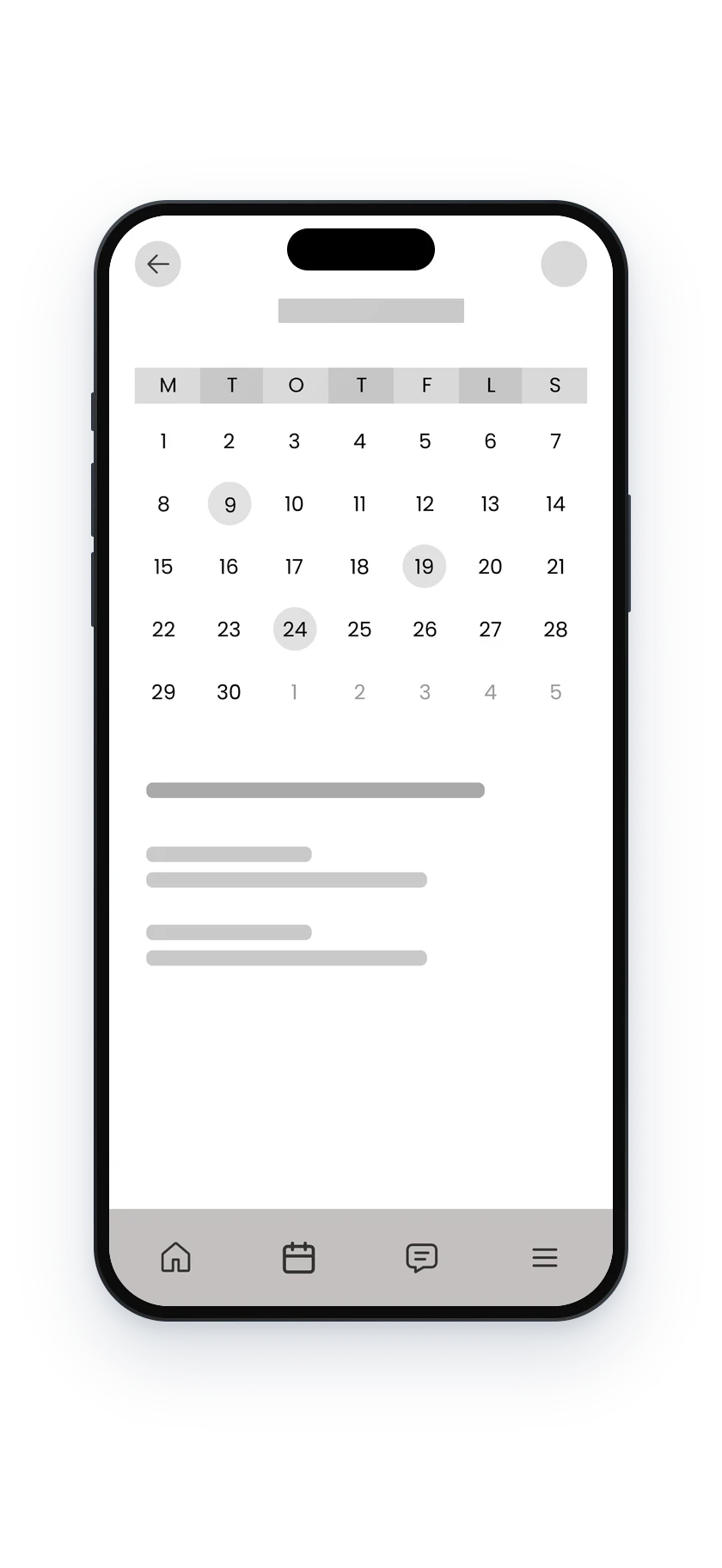 Low-fidelity wireframe of the monthly calendar: a month grid with marked days above placeholder lines for upcoming activities.