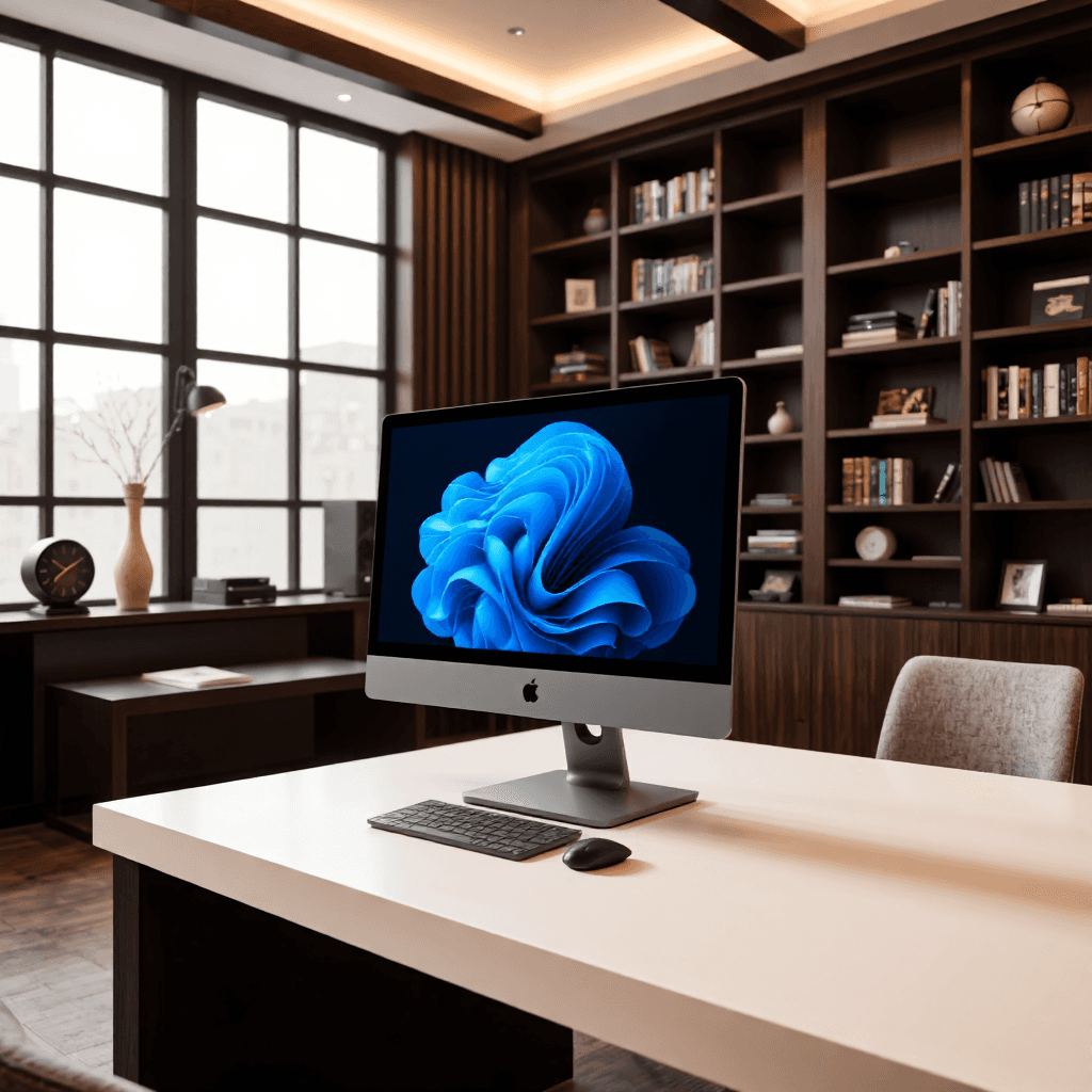 product photography of a desktop computer with an all-in-one design, featuring a large display and integrated speakers