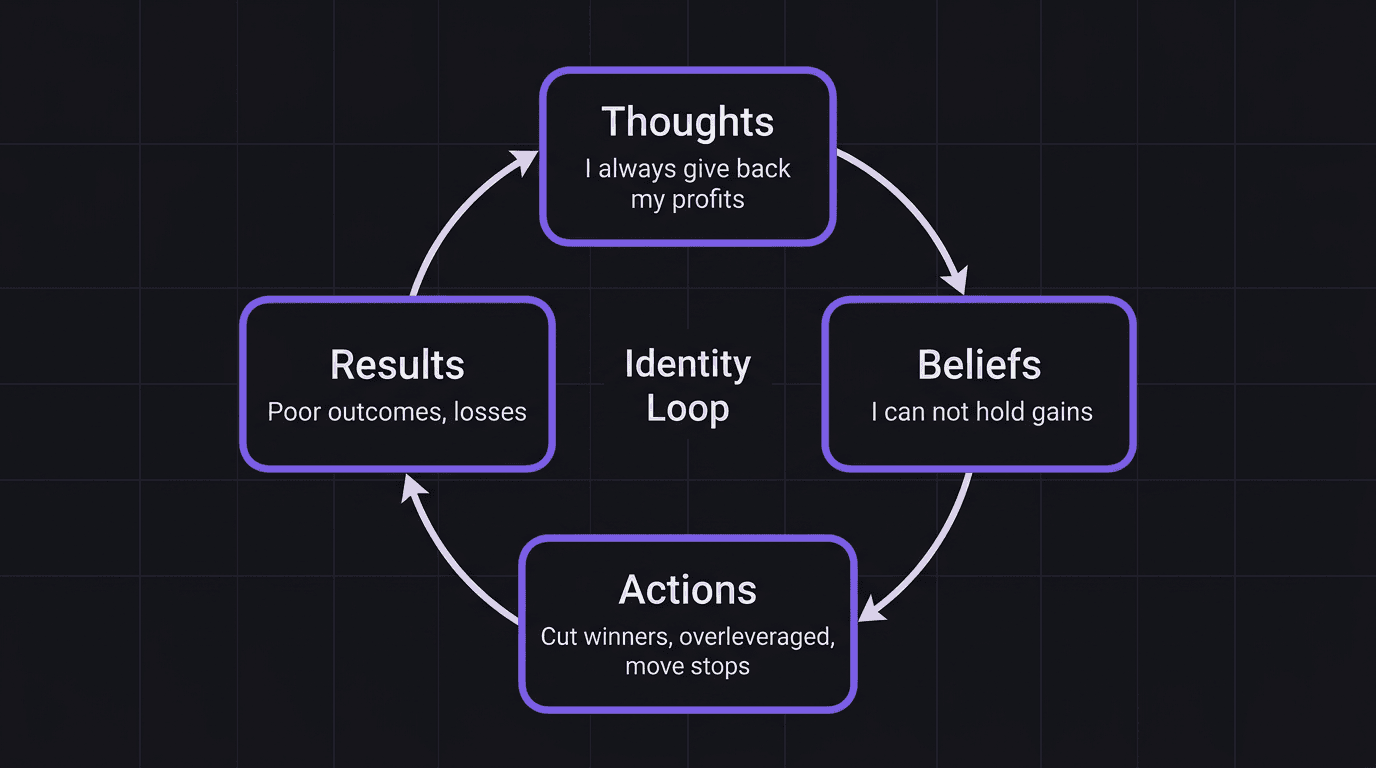 Flowchart showing the identity cycle in trading: thoughts, beliefs, actions, results