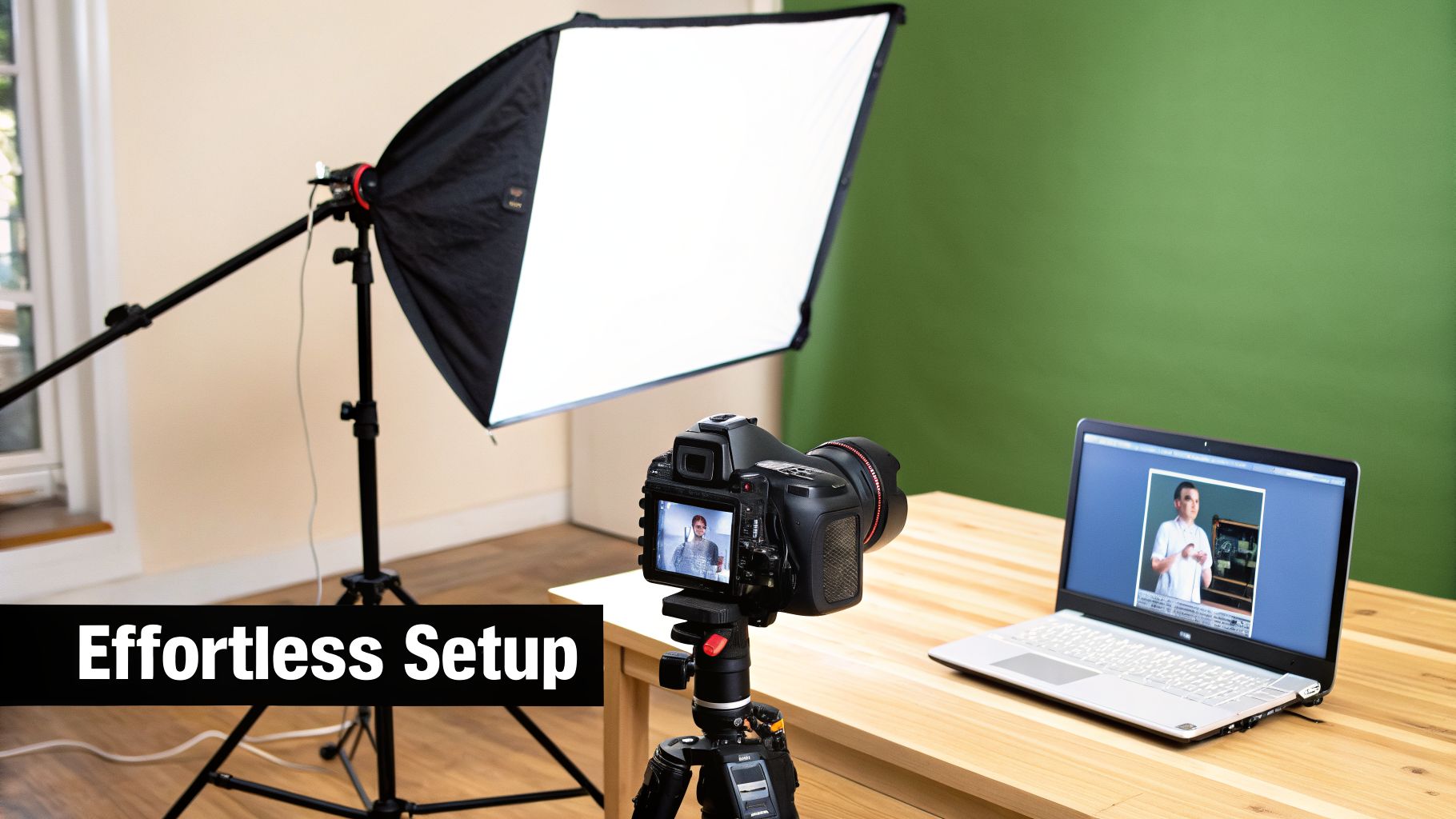 A home studio setup featuring a camera on a tripod, a softbox light, and a laptop displaying an image.