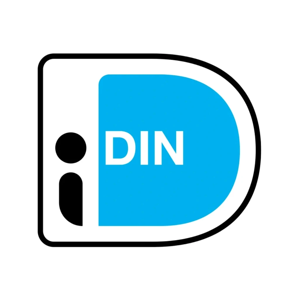 Logo met de letter "D" in blauw met de tekst "iDIN", vergezeld door een klein figuurtje, op een witte achtergrond.