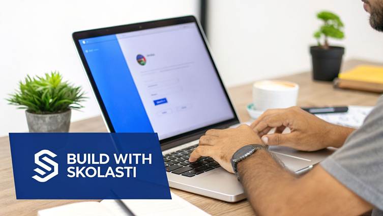 A person works on a laptop showing a login screen, next to a 'BUILD WITH SKOLASTI' logo.
