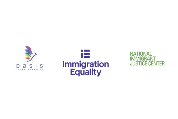 Os logotipos da Oasis Legal Services, com um motivo de pássaro colorido, da Immigration Equality, em texto roxo em negrito, e do National Immigrant Justice Center, em verde, representam organizações voltadas para os direitos dos imigrantes e serviços jurídicos.