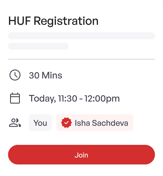UI showing HUF regestration meeting with a Tax expert