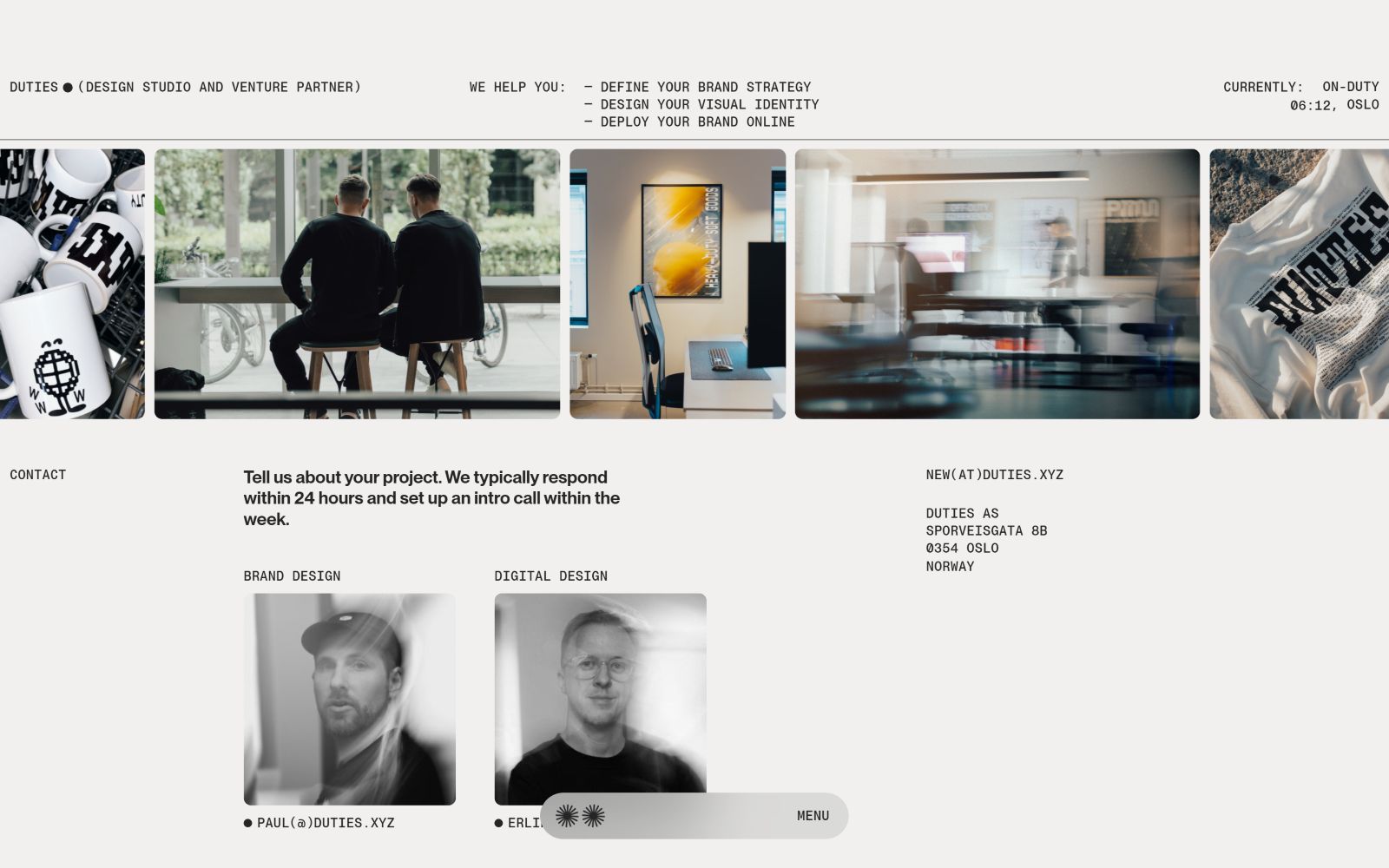 Modern website layout with blurred images, contact info, and team photos. Visible text: "Currently: On-Duty 06:12, Oslo," "Contact," names.