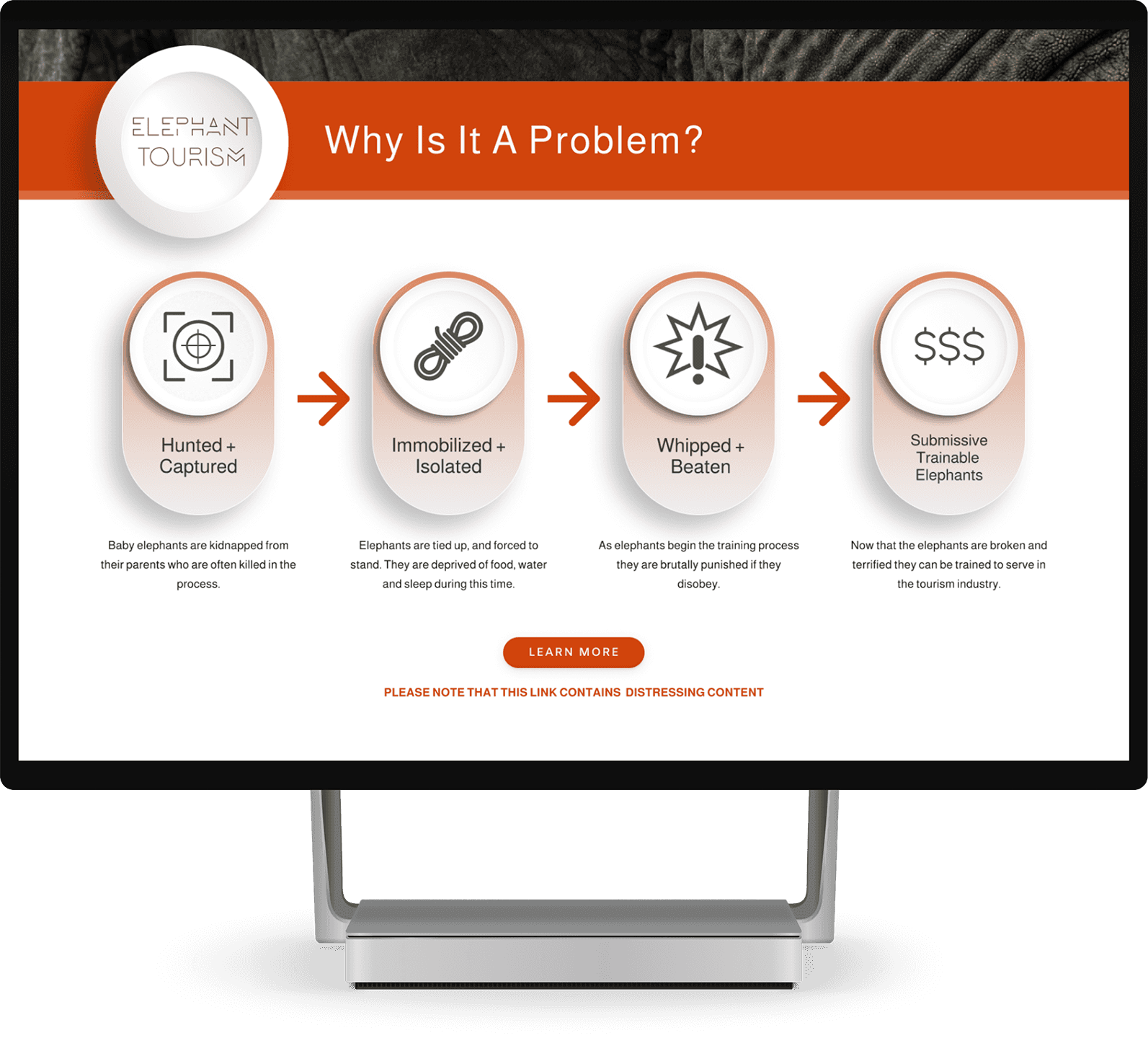 A desktop computer displaying an infographic on the challenges of elephant tourism, designed to educate users and raise awareness of the issues.