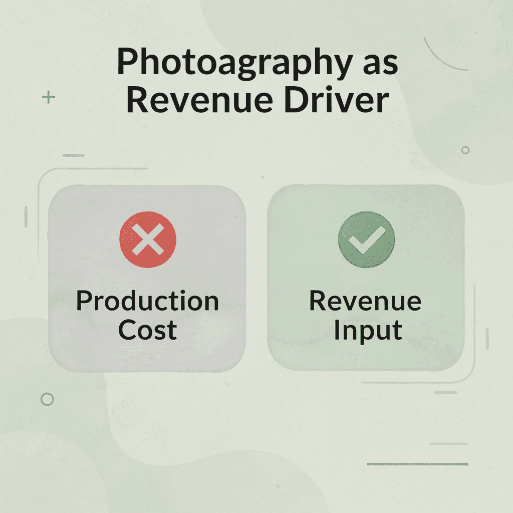 Before and after infographic showing the shift from treating product photography as a production cost to a revenue input