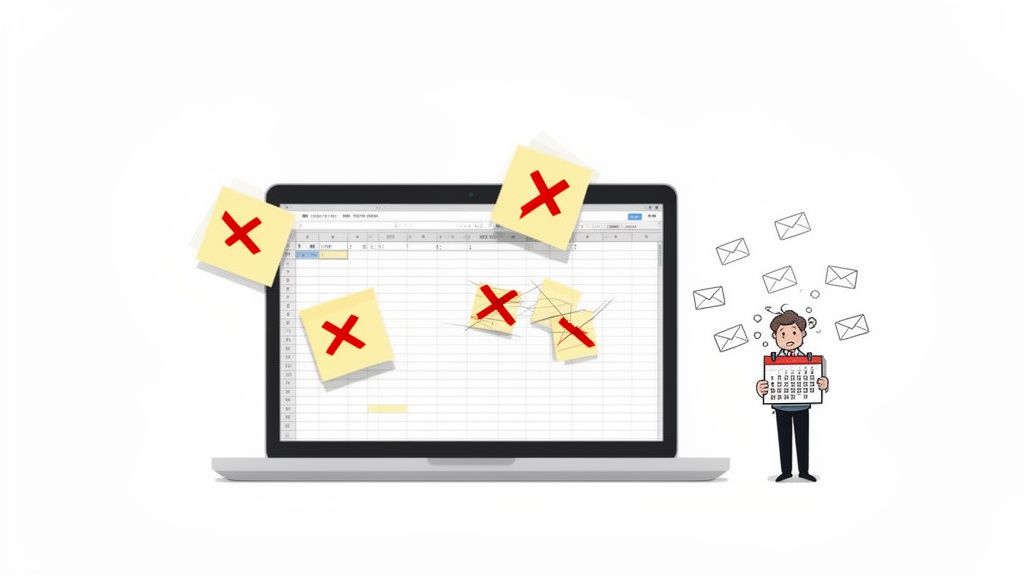 A cartoon man stressed by emails and a calendar, beside a laptop with a spreadsheet and rejected time-off notes.