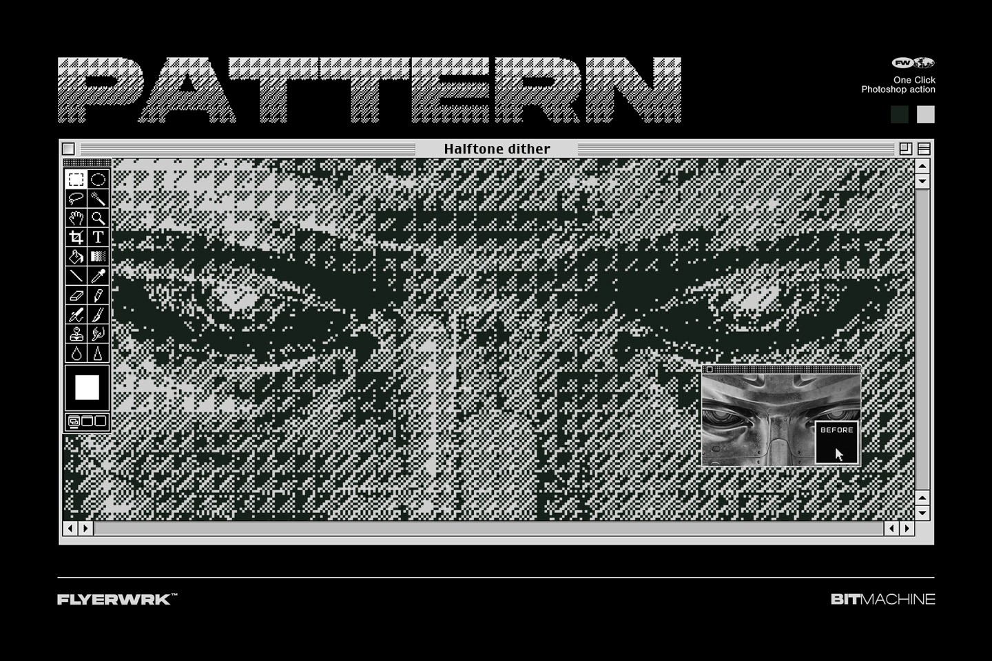 Retro pattern dither style with high contrast black and white pixels on a digital illustration