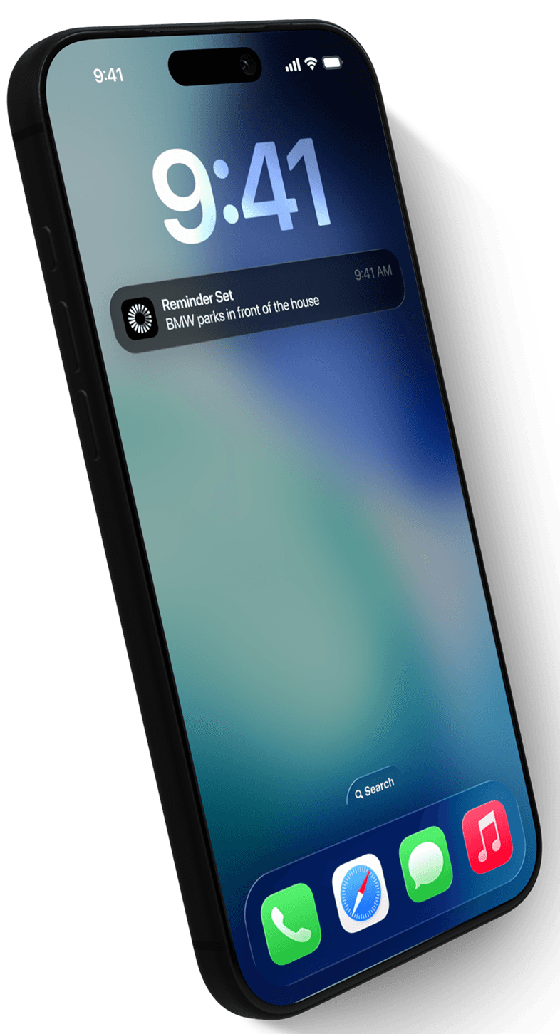 This image features a modern smartphone displaying the time as 9:41 AM, with a notification about a reminder set for a BMW parked in front of the house; the screen showcases sleek app icons at the bottom.