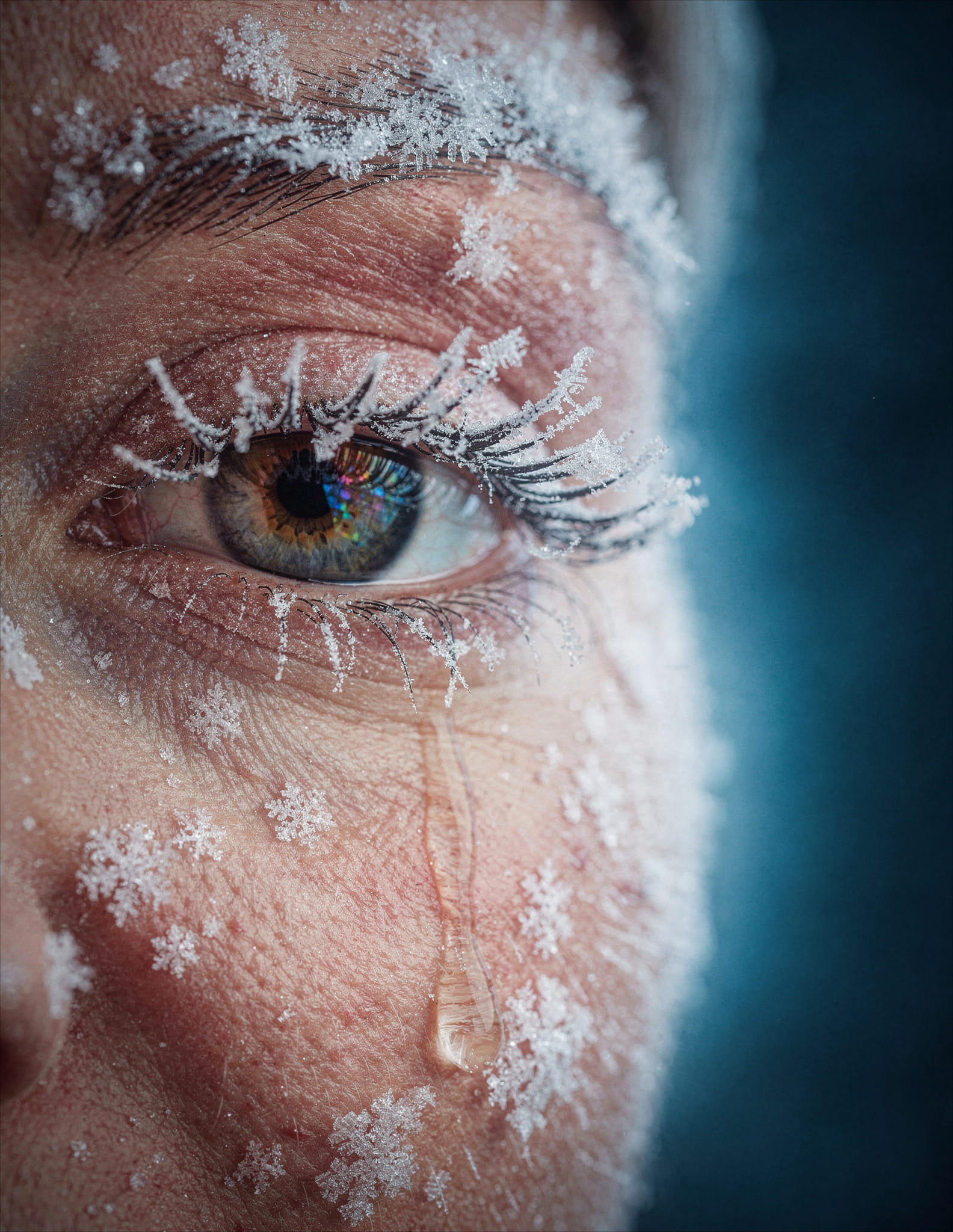 a human eye and surrounding skin, heavily encrusted with frost and snowflakes. The eye itself is a striking hazel with flecks of blue and green, reflecting a colorful, possibly artificial, light source