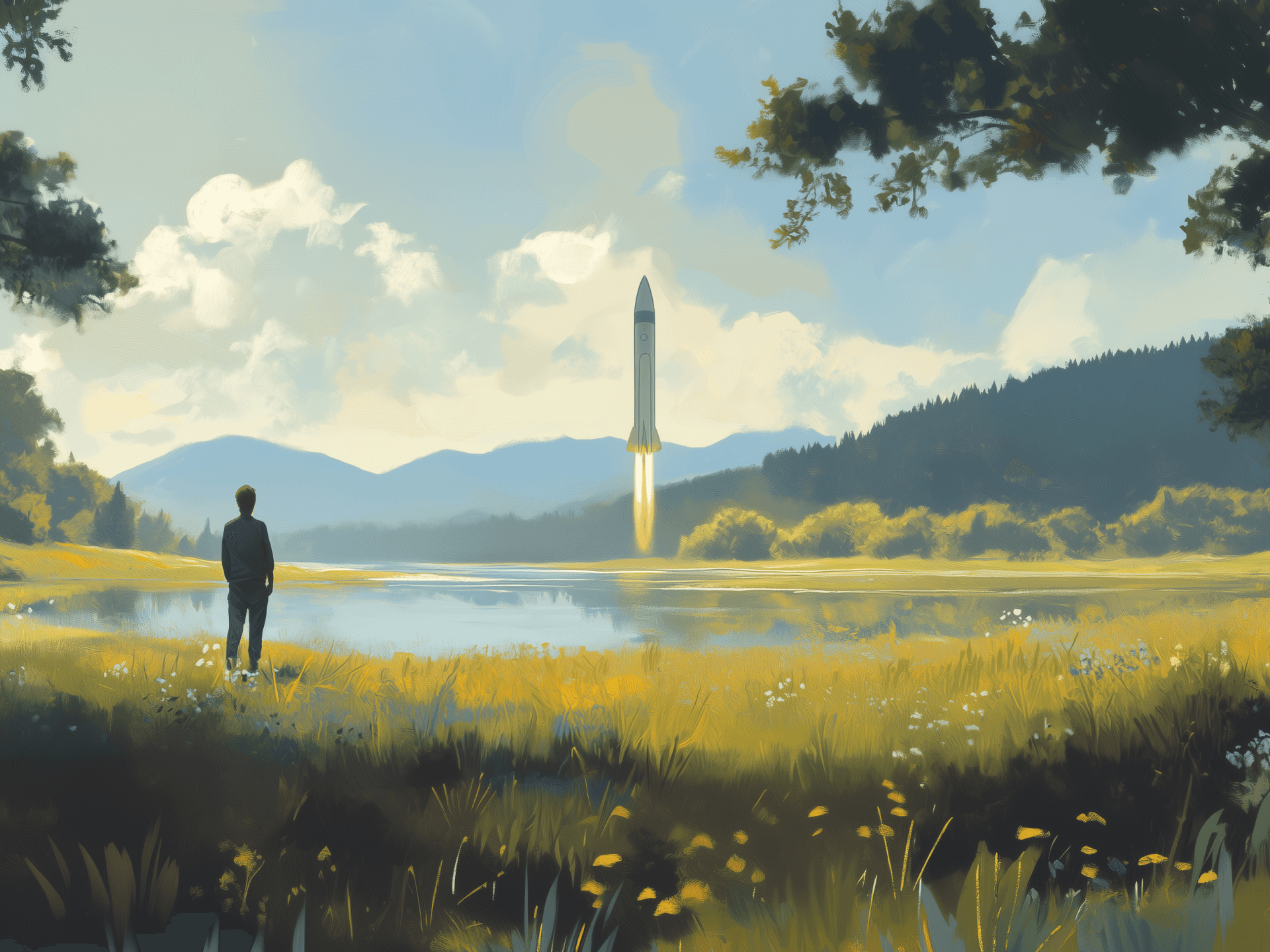 An oil painting of a man stands on the grassland, with green hills and lakes behind them. Rocket launching in space in the distance from a launchpad. The lake is surrounded by trees, creating a painterly effect. high resolution, highly detailed style. beautiful sunset, almost night. With grassland in the background. Trees, flowers, green meadows, and blue skies. The painting is highly detailed. Clarity. California landscape. The scene is set against an oil painting backdrop featuring trees, flowers, green meadows, and dark skies. In the style of Gabriele Dell'otto.