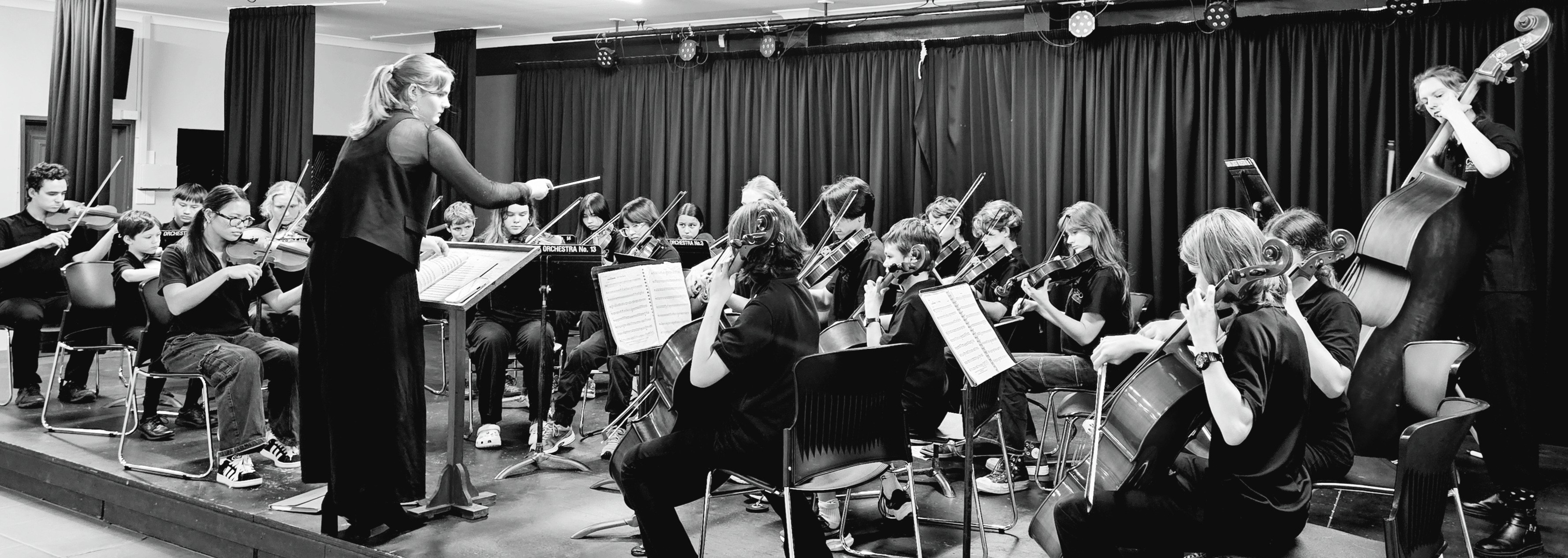 An image of a youth string orchestra on the beach
