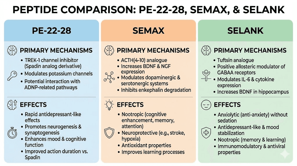 PE-22-28 vs Semax vs Selank cognitive peptides comparison