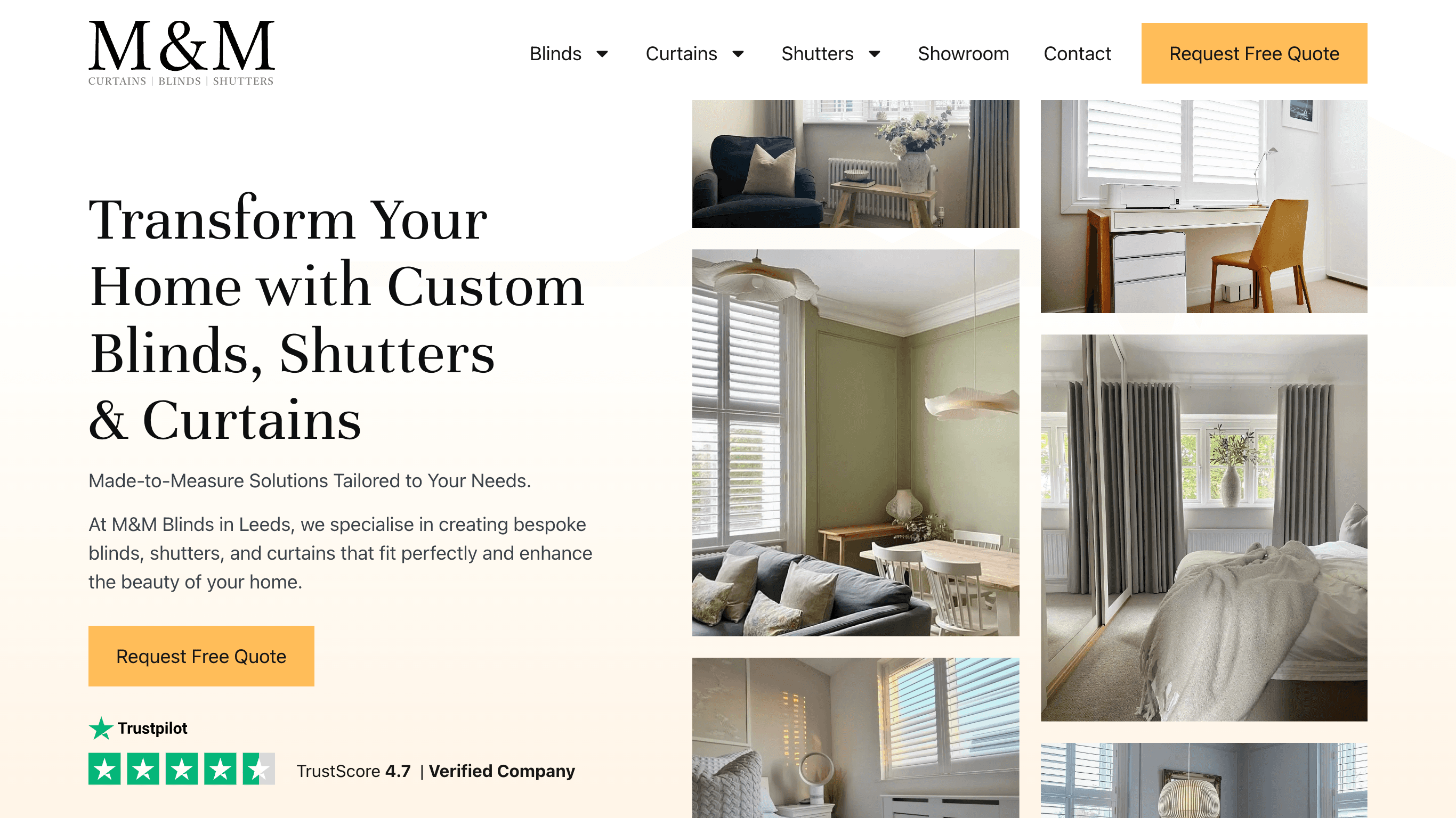 M&M website showcasing custom blinds, shutters, and curtains with a "Request Free Quote" button.