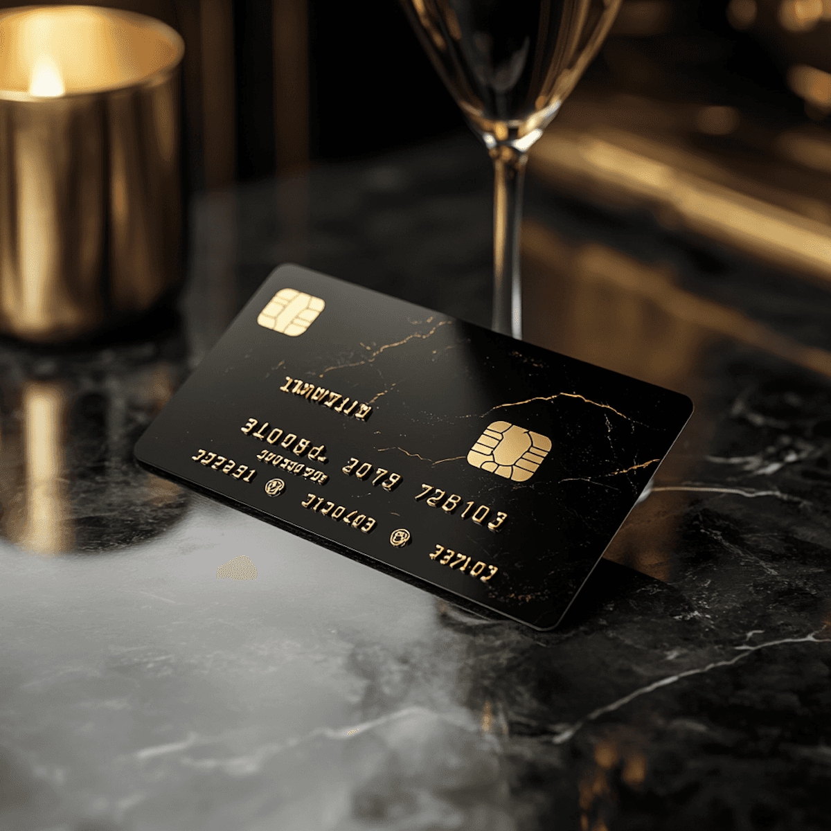 A sleek black credit card rests on a dark marble surface, next to a gold candle holder and a wine glass.