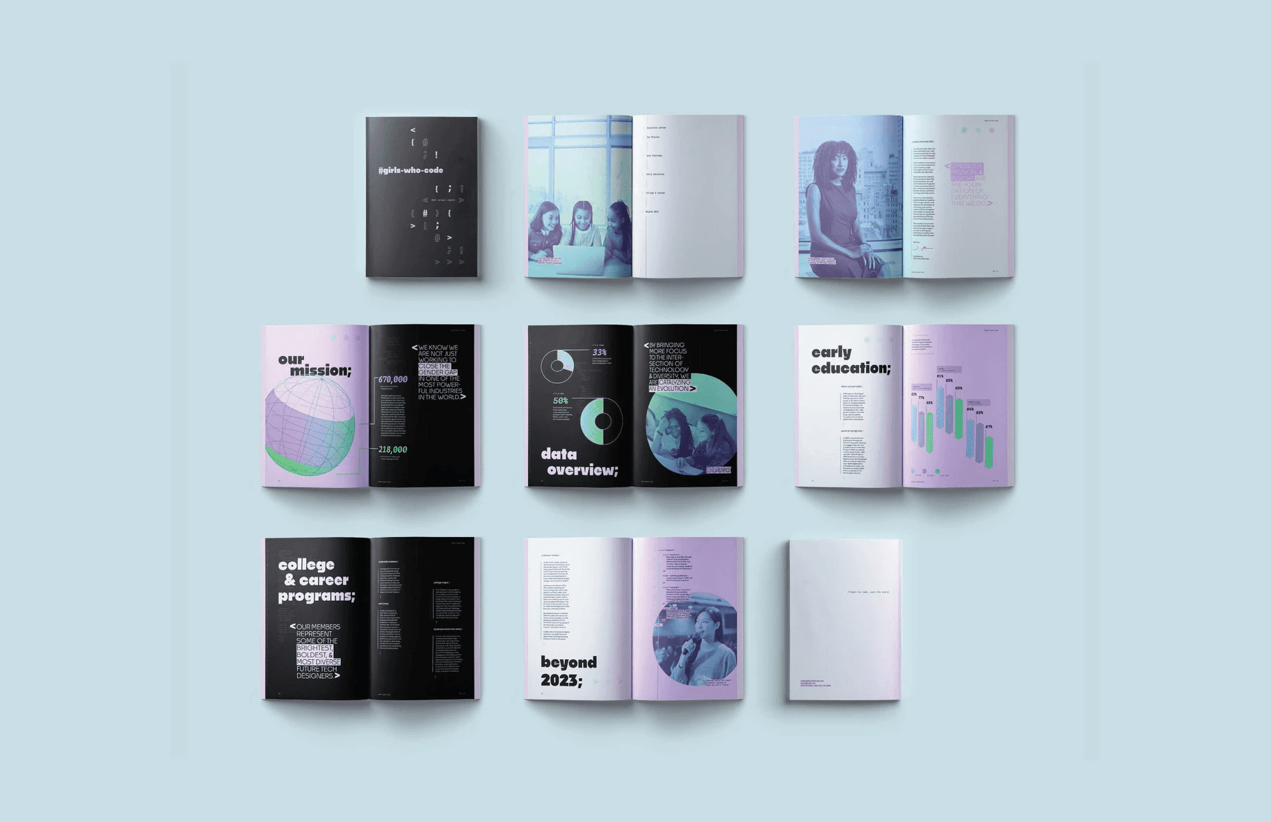 All of the spreads of the annual report. Consisting of a black, light purple, light blue, and off-white color scheme.