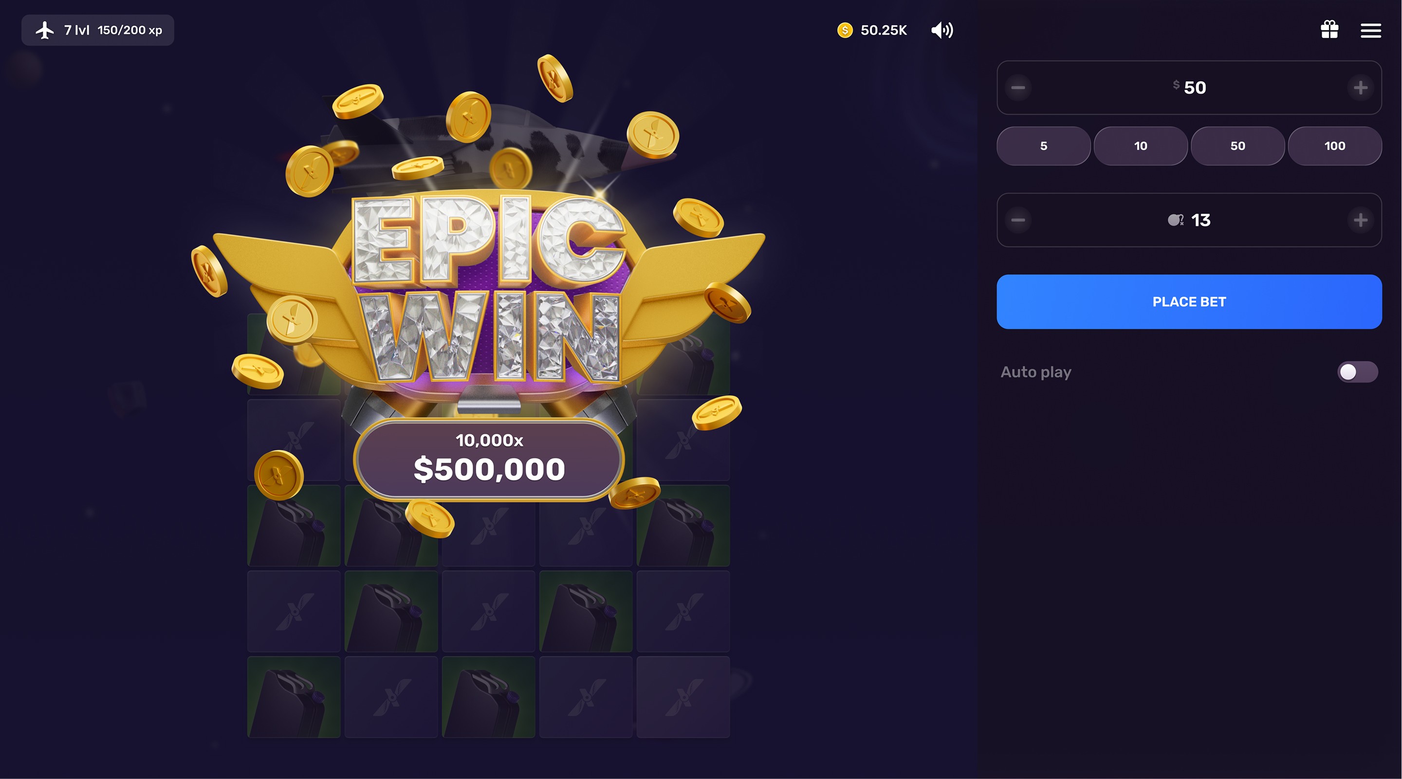Aviatrix Mines gameplay showing the multiplier and cashout controls