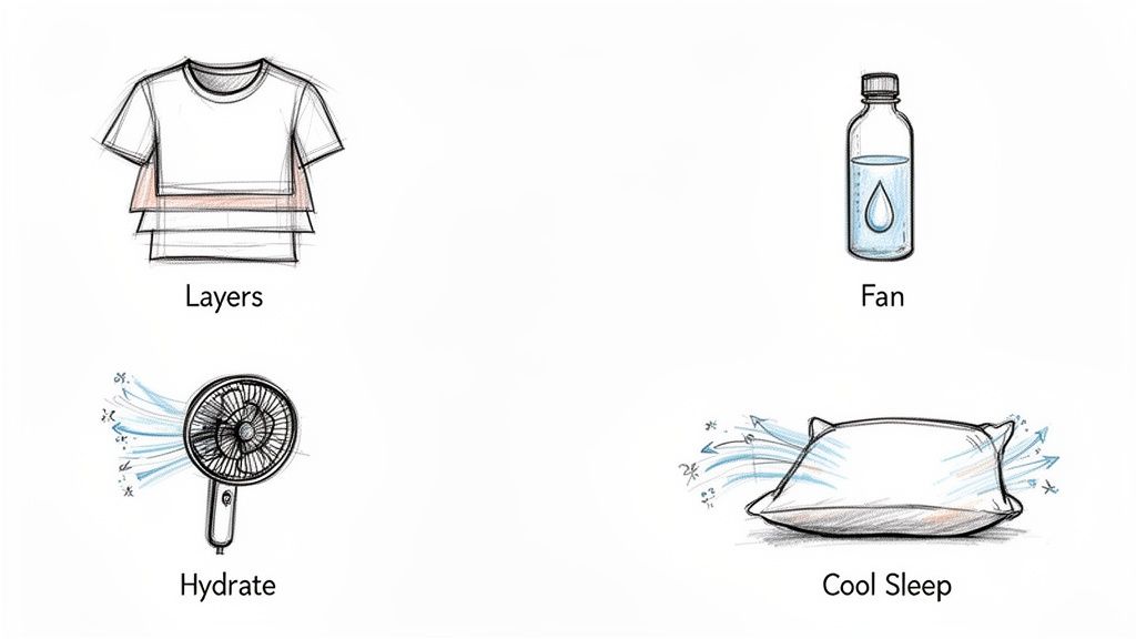Illustrations of methods for cooling: layered clothes, water bottle, fan, and cool pillow.